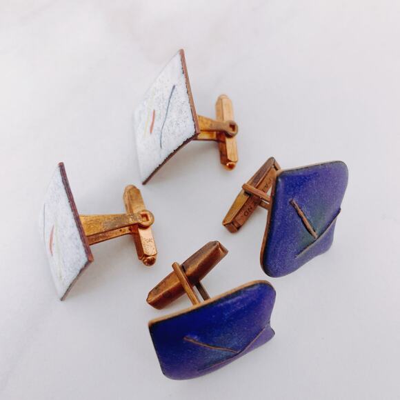 VTG Mid-Century Enamel Copper Cufflinks Abstract Modernist 50s 60s 2 Pair Set - Picture 3 of 9
